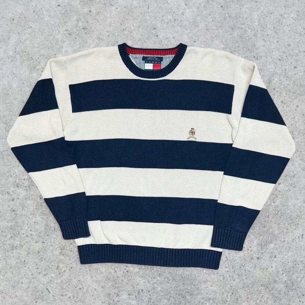 Vintage Tommy Hilfiger White and Navy Striped Embroidered Knit Sweater